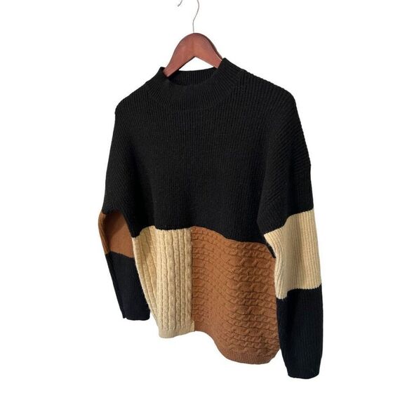 Andree by Unit Color Block Knit Sweater Small Black Tan Cream Oversized Wide Tur - Picture 4 of 7